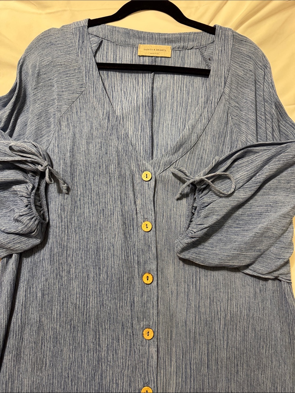 Saints + Hearts Light Blue Button-Front Dress with ruffle detail at the Bottom